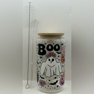 16oz Halloween Themed Glass with Bamboo Lid Glass Straw and Cleaning Brush